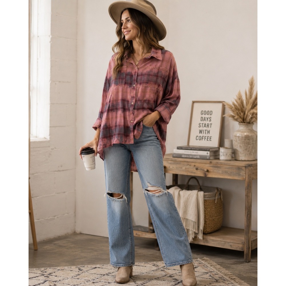 Like Love Plaid Button Down Shirt Womens Small Pink Grey Acid Wash Grunge Boho